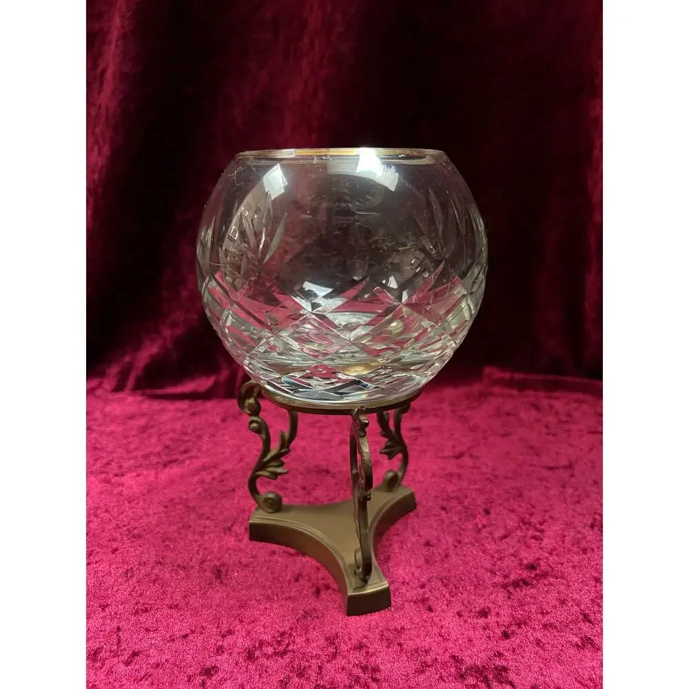 Vintage Cut Crystal Candle Holder - Rose Globe on Ornate Brass Pedestal Stand